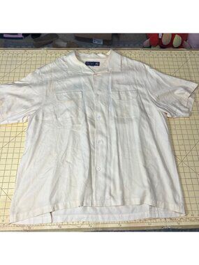 Nat Nast Mens XL Silk Havana Cuba Embroidered Camp Shirt Ivory Button-Up
